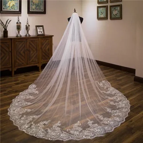 Veli da sposa bianchi all'ingrosso da 3 * 3 metri della cattedrale di avorio in pizzo con applicazioni di velo da sposa