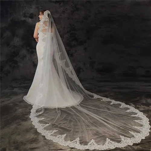 Nei Arrivée Wäiss Elfebeen Rand Spëtzebrout Schleier 3 Meter laang Kathedral Hochzäitsschleier 2024 Boda velo de novias
