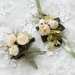 Blodau Rhosyn Plastig Silk Artiffisial Groom Boutonniere Man Pin siwt Corsage Bridal Buttonhole Arddwrn Priodas Addurn Parti Blodau