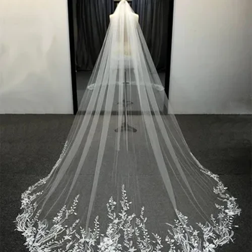 Putih Gading Panjang Kerudung Pengantin Kerudung Pengantin Renda Appliques Soft Net Cathedral Kerudung velos de novia voile de mariée