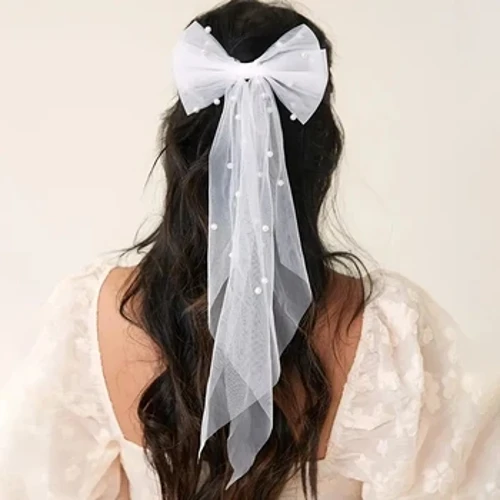 Véu de noiva com laço para noiva, acessórios de casamento com contas de pérola