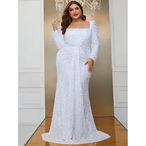 Grande taille col carré paillettes luxe Extra longue paillettes robe de soirée grande taille femmes mariage Banquet blanc paillettes robe de soirée