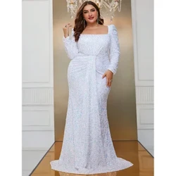 Grande taille col carré paillettes luxe Extra longue paillettes robe de soirée grande taille femmes mariage Banquet blanc paillettes robe de soirée