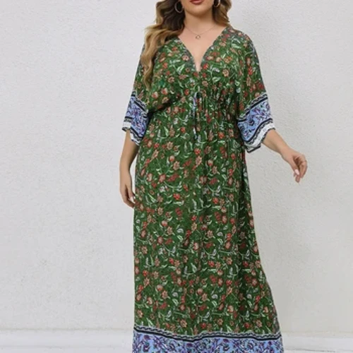 Finjani Damen Plus Gréisst Kleeder All Over Blumendruck Fliedermaus Sleeve Split Oberschenkel Kleed Casual Kleeder Fir Summer Nei