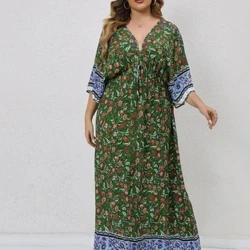 Finjani Women's Plus ზომის კაბები მთელს ყვავილოვან ბეჭდვა batwing ყდის გაყოფილი ბარძაყის კაბა ჩვეულებრივი ტანსაცმელი ზაფხულისთვის