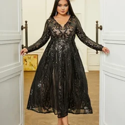 Ffrogiau Parti Cain Missord New Plus Size I Ferched 2023 Du V Gwddf Llewys Hir Sequin A Line Prom Dress