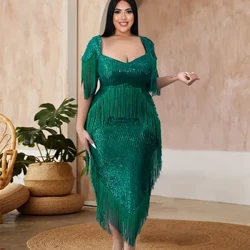 Chic Elegant Women's Dresses Para sa Prom Party 2022 Plus Size Satin Fringed Sequins Wedding Guest Maxi Dress Pambabae Evening Gown