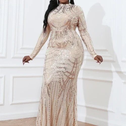 Missord Paljett Bodycon Plus Size Balklänning Elegant Kvinnor Långärmad Rygglös Sjöjungfru Bröllopsfest Aftonklänningar Kvinnlig Klänning