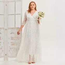 Printemps grande taille dos nu robe en dentelle manches mi-longues lumière mariage robe de grande taille longue robe de soirée robe de mariée blanc pur