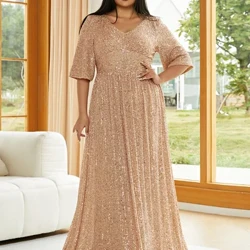 Tosheiny grande taille col en V robe à paillettes robes d'été à la mode robe de soirée de mariage abricot