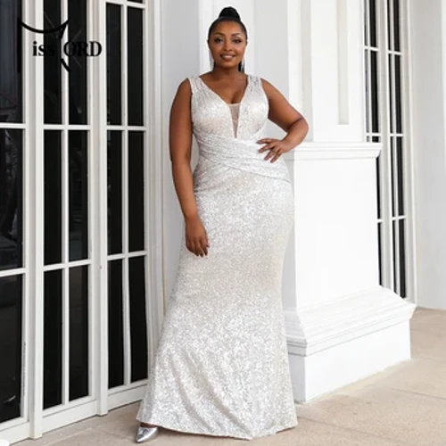 Missord Apricot Sequin Plus Size Pulmapeokleidid Elegantsed naiste V-kaelusega varrukateta Bodycon Maxi ballikleit, pikk õhtukleit