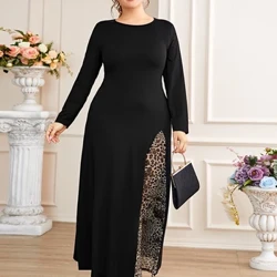 Lisää Elegant Plus Size -mekko Naisten 2022 Hellävarainen syksyinen Leopard Design Commuter O-kaula Tyylikäs pitkähihainen Vaatetus B1064