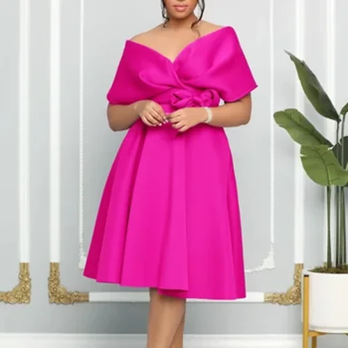 Plus Size Sløyfe Elegant Kjole Kvinner Mote Off Shoulder Prom Dame Luksus Midi Robe 2023 Høst Design Stor Størrelse Bred Festkjole