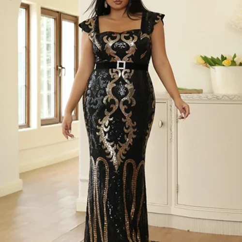 Missord Black Sequin Plus Size vakarinės suknelės Elegantiškos moteriškos kvadratinės apykaklės be rankovių Bodycon Maxi Mermaid vakarėlio išleistuvių suknelė