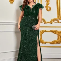Gwisgoedd Merched Plusee Plus Size V-gwddf Haenedig Llewys Slit Sexy Gwisg Haf i Ferched 2023 Gwisgoedd Parti Priodas Lady Cain