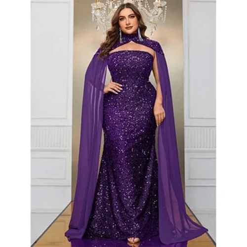 Plus Size Moethus Strapless Cape Priodas Gŵn Noson Hir Sgleiniog 5XL6XL Gwledd Maint Mawr Sequin Nadoligaidd Gwisg Prom i Ferched