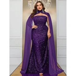 Plus Gréisst Luxuriéis Strapless Cape Hochzäit Glänzend laang Abendkleed 5XL6XL Grouss Gréisst Banquet Festlech Sequin Prom Kleed fir Fraen
