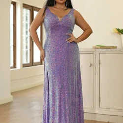 Missord Purple Sequin Plus Size La'ei Fa'aipoipoga Tama'ita'i V Neck E leai se lima matala A-laina La'ei Afiafi Fa'a-Afiafi Ofu Faife'au Umi.