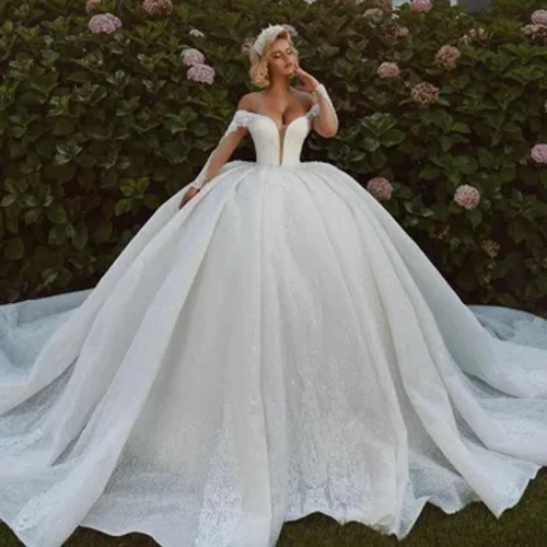 Haute Couture Sexy Ivory Nevesty šaty s vyšívanými flitrami Čipka s dlhým rukávom Flitre na mieru s dĺžkou po podlahu