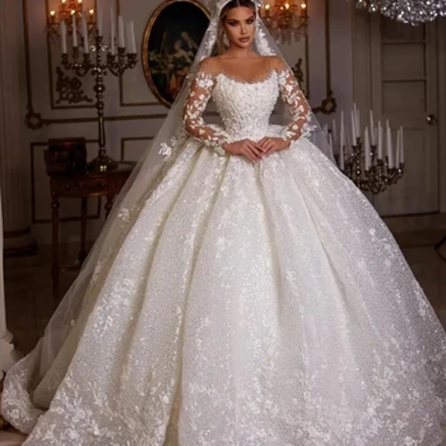 Haute Couture prekrasna vjenčanica s čipkom dugih rukava, šljokicama, O-izrezom i perlama do poda, prilagođena vjenčanica