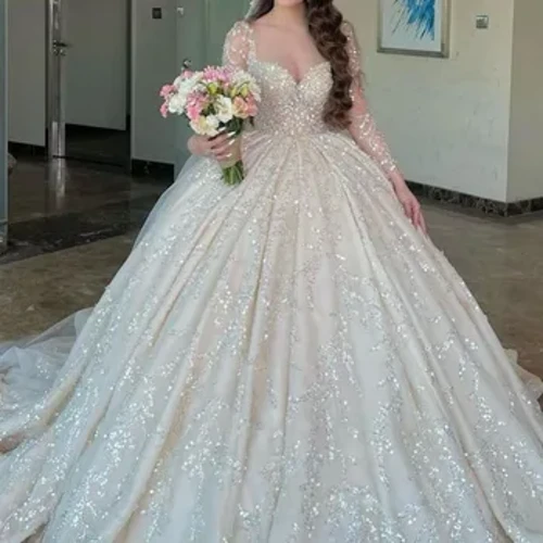Gaun Pengantin Haute Couture Romantis Putih dengan Lengan Panjang Renda Manik-manik Payet V-Neck Lantai Panjang Gaun Pengantin Dipesan