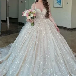 Романтична біла сукня для нареченої Haute Couture з довгим рукавом, мереживом, бісером, блискітками, V-подібним вирізом, довжиною до підлоги, індивідуальна весільна сукня