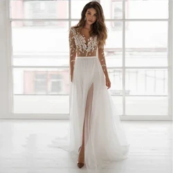 Abiti da sposa sexy Scollo a V Applique in pizzo Cerniera Backless Abito da sposa a maniche lunghe Una linea Sweep Train Abiti per occasioni su misura
