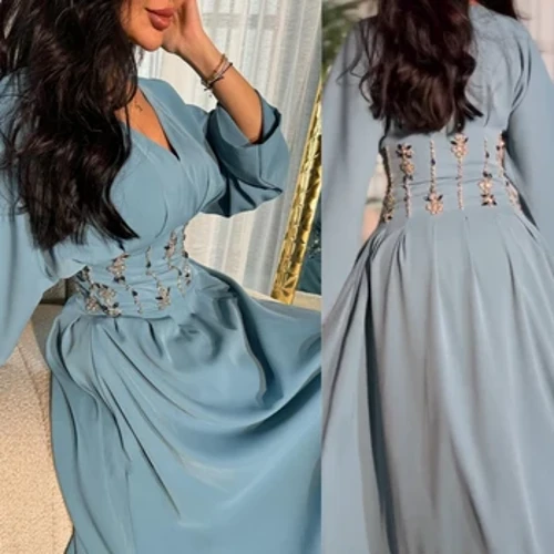 Rochie de bal din jerseu cu margele pentru ziua de nastere A-line cu decolteu in V Rochie de ocazie la comanda Rochii midi Arabia Saudita