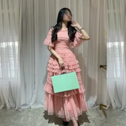 저지 셔링 계층 성인식 인어 오-넥 맞춤형 행사 가운 미디 드레스