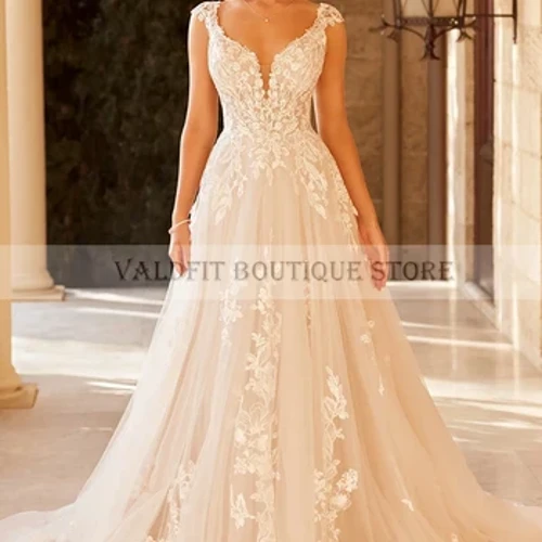 Robe De mariée longue ligne A, sur mesure, décolleté en V, avec des Appliques en dentelle, sur mesure, 2024