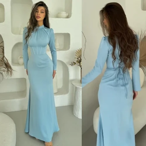 Gwisg Prom Sawdi-Arabia Satin Glain Parti Priodas Pleat Briodas A-lein Coler Uchel Gŵn Achlysurol Pwrpasol Ffrogiau Midi