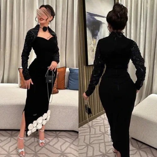 Jersey Hoa Đính Pleat Quinceanera Vỏ Cổ Cao Bespoke Áo Choàng Dịp Áo Dài Tay Áo