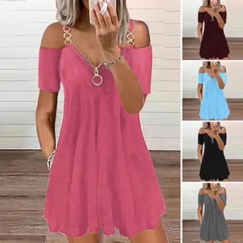 Plus Size Fermoar Decolteu în V Mâneci scurte Curea de umăr din metal Tiv plisat Mini rochie A-Line Femei Rochie leagăn ocazională cu umăr rece