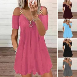I-Pleated Size Zipper V-Neck Short Sleeve Metal Shoulder Strap Pleated Hem A-Line Ingubo Encane Abesifazane Ingubo Eyejwayelekile Ebandayo Emahlombe