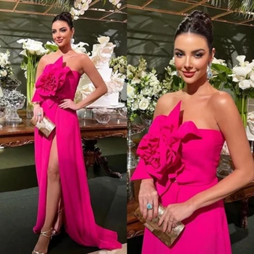 Ballkleid Saudi-Arabien Moderner Stil Trägerlos A-Linie Blumen Drapiert Bodenlang Satin Maßgeschneiderte Anlasskleider Ballkleider