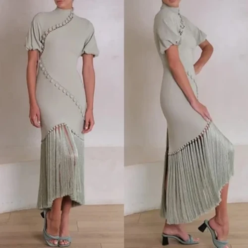 Mesprit modern stil formell kväll hög krage A-linje knapp tofs satin skräddarsydda tillfällesklänningar Balklänningar