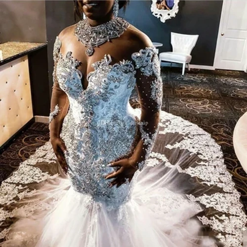 Luxus Kristallpärelen Hochzäitskleed Héich Hals Mermaid Brautkleeder Bespoke Tulle Langarm Fraen Kleeder