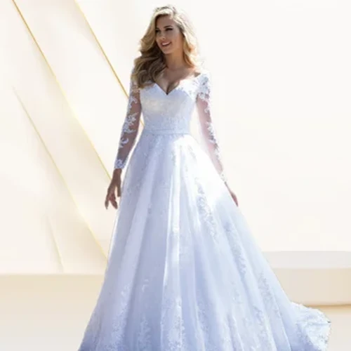Elegante abito da sposa a linea A in pizzo con applicazioni di perline Abiti da sposa su misura con scollo a V maniche lunghe abiti da festa