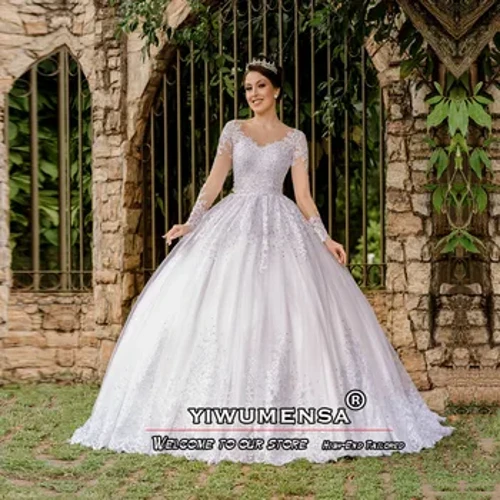 Luxus Prinzessin Hochzäitskleeder Bespoke laang Ärmelen Glühwäin Kristaller Perlen Applikatiounen Ballkleed Braut Fraen Banquet Kleeder