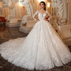 Abito da sposa su misura sexy con scollo a V a trapezio 2023 Abito da sposa con bottoni in pizzo bianco squisito italiano con maniche lunghe in tulle
