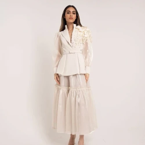 Váy dạ hội Ả Rập Saudi Organza Đính xếp nếp Người nổi tiếng Cổ chữ A Cổ chữ V Bespoke Áo choàng dịp Váy Midi