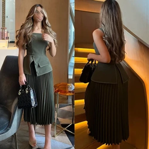 ʻO ka ʻaʻahu prom satin button i hoʻopaʻa ʻia i ka hui ʻana a-line square neck bespoke occasion gown Midi aahu Saudi Arabia