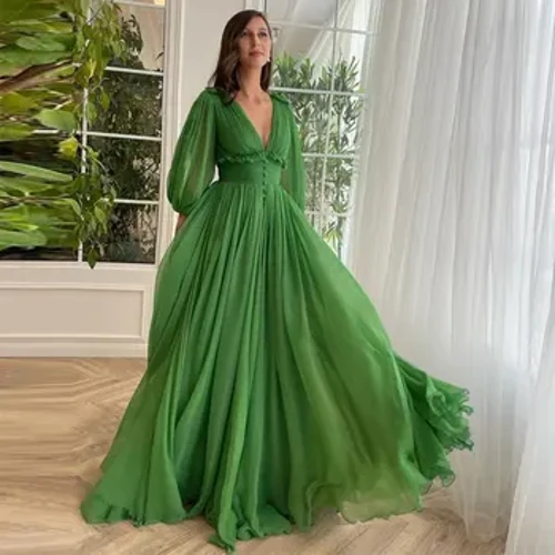 Rochii de bal din șifon verde Sevintage, cu decolteu în V, cu mâneci lungi, cu falduri, rochii de seară, linie A, rochie de nuntă 2023
