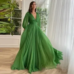 “Sevintage Green Chiffon” köýnekleri V-Boýnuň uzyn ýeňleri, çyzykly A çyzykly agşam lybaslary Toý dabarasy köýnegi 2023