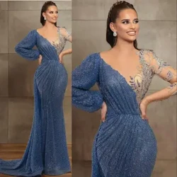 2024 Blue Gold Elegant and Noble Formal Evening Dress with Hollow Out Fine Sparkling Embellishment Dress Fishtail
