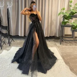 Sáng Bóng Voan Dạ Hội 2024 Màu Đen Gợi Cảm Cổ Chữ V StrapLlace Táo ĐẦM DỰ TIỆC Chữ A Cao Bên Khe Chính Thức Nhân Dịp Hứa Bầu