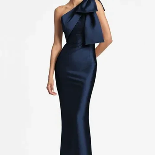 PuTao, ​​elegantes langes dunkelblaues Ballkleid mit Schleife, Meerjungfrau, Satin, Reißverschluss hinten, plissiertes bodenlanges Abendkleid für Damen