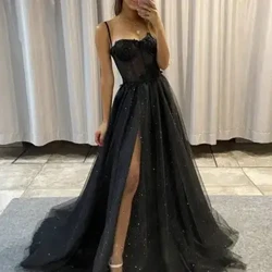 Gaun Malam Panjang Bunga Celah Sisi, Tali Spaghetti Tulang Gemerlap Ireng Garis Tulle Gaun Prom 2023