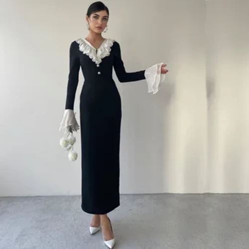 Vũ hội Đầm Ả Rập Saudi Áo Ngọc Trai Tầng Xù Tiệc Cưới Cổ Chữ A Cổ Chữ V Bespoke Dịp Váy Midi Váy