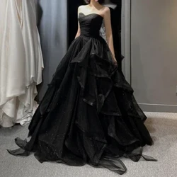 Temperament Negru Rochii de nuntă elegante, fără bretele, etaje, drapat, rochie de bal 2024, rochie nouă, rochie formală, rochii pentru femei